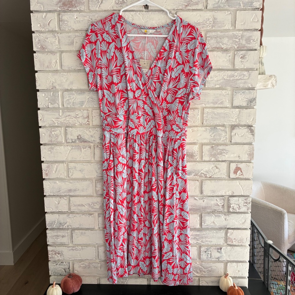 Boden J0592 Faux Wrap Midi Dress Womens 12R NWT Tropical Leaf Red Blue Jersey